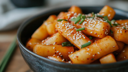A mouthwatering dish of Korean rice cakes coated in a spicy sauce, garnished with sesame seeds and fresh chives. Perfect for any food lover!の素材