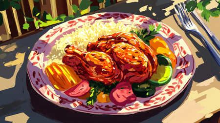 A colorful plate featuring grilled chicken garnished with vibrant vegetables and rice. Perfect for showcasing delicious meals and dining experiences.の素材