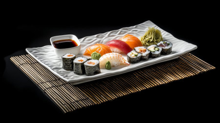 A beautifully arranged sushi platter featuring various rolls and fresh fish, served on a bamboo mat, perfect for capturing the essence of Japanese cuisine.の素材