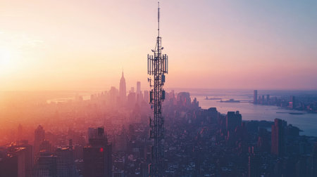 An antenna on top of a high-rise building transmitting radio waves, with the city skyline in the background under a clear sky.の素材
