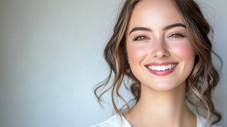 A candid photo of a woman with beautifully applied foundation and contouring, smiling confidently with her makeup perfectly enhancing her natural features.の素材