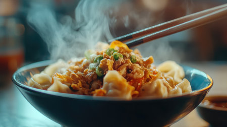An appetizing close-up of a bowl of steaming hot dumplings with a variety of fillings, served with soy sauce and chopsticks, highlighting the details of the dish.の素材