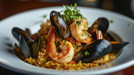 A close-up of a plate of seafood paella, featuring vibrant shrimp, mussels, and clams mixed with saffron-infused rice and fresh herbs.の素材