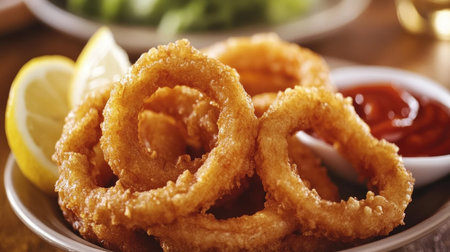 A close-up of a crispy fried calamari dish, with golden-brown rings and a side of marinara sauce and lemon wedges, emphasizing its crunchy texture.の素材