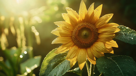 A blooming sunflower with water droplets on its large, yellow petals, set against a backdrop of green leaves and morning light.の素材