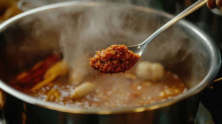 A close-up of a spoonful of chili paste being added to a hot pot, with steam rising and aromatic ingredients like lemongrass and ginger nearby.の素材