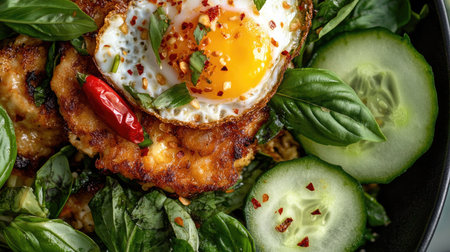 A close-up of a delicious Thai basil stir-fry with crispy fried egg on top, garnished with fresh basil leaves, chilies, and a side of cucumber slices.の素材