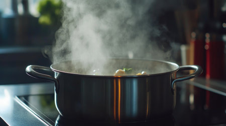 A close-up of a stainless steel pot on a modern stove, with steam rising from a simmering soup and a few ingredients visible in the background.の素材