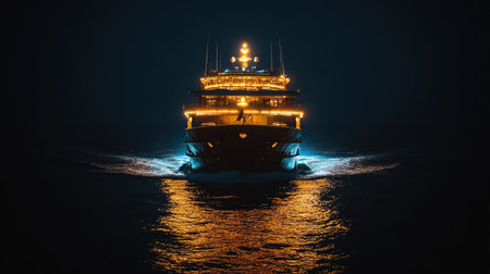 A captivating night shot of a large ship illuminated by deck lights, sailing through the dark waters with its lights creating a striking reflection on the sea.の素材
