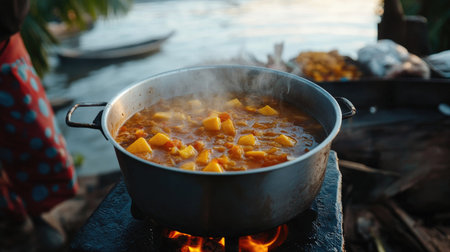 A close-up of a stainless steel pot on a modern stove, with steam rising from a simmering soup and a few ingredients visible in the background.の素材