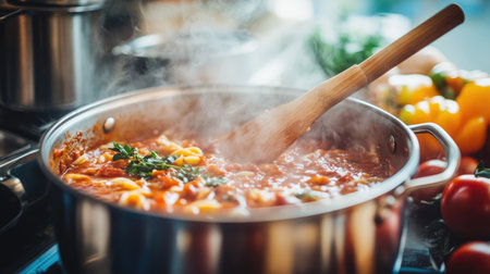 A close-up of a large stock pot filled with bubbling pasta sauce, with a wooden spoon stirring and a few fresh tomatoes and herbs nearby.の素材