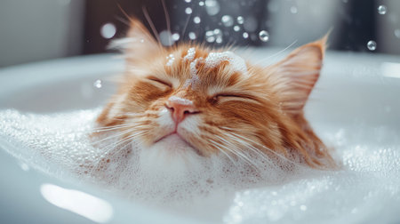 A close-up of a fluffy cat enjoying a gentle bath, with a happy expression and bubbles surrounding its fur, showcasing a playful and adorable moment.の素材