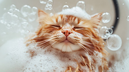A close-up of a fluffy cat enjoying a gentle bath, with a happy expression and bubbles surrounding its fur, showcasing a playful and adorable moment.の素材