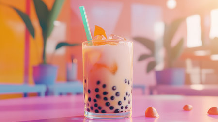 A close-up of a refreshing glass of bubble tea with a layer of creamy milk tea, visible tapioca pearls at the bottom, and a colorful straw.の素材