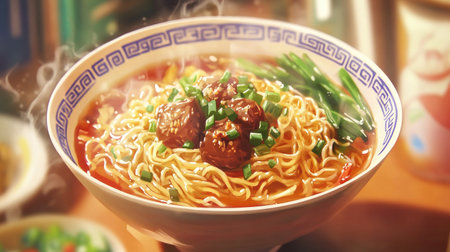 A close-up of instant noodles being served in a bowl with a side of fresh vegetables, meat, and a savory sauce, highlighting a comforting meal.の素材