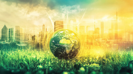 A conceptual image of a globe surrounded by a greenhouse gas effect, with visual elements representing rising temperatures and environmental change.の素材