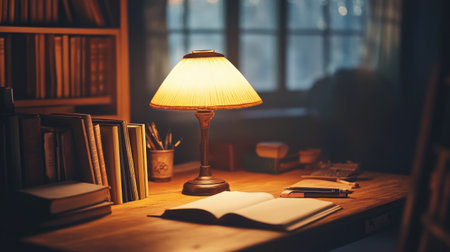 A cozy desk scene featuring a classic table lamp with a warm, inviting glow, surrounded by books and stationery on a wooden desk.の素材