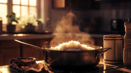 A cozy kitchen scene with a steaming pot of freshly cooked rice, with the lid slightly ajar and a serving spoon ready to dish out the rice.の素材