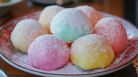 A close-up of roti sai mai with a variety of cotton candy colors, placed on a plate and dusted with powdered sugar, ready for tasting.の素材