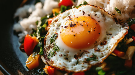 A close-up of Thai basil stir-fry with a perfectly cooked fried egg, showcasing the rich flavors and textures, with a side of rice and additional garnish.の素材
