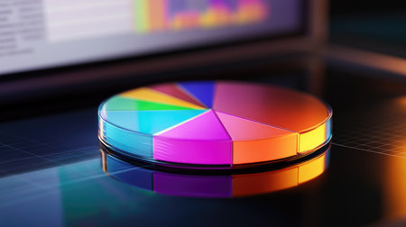 A colorful pie chart on a laptop screen, with a financial report in the background, symbolizing business analytics and data-driven decisions.の素材