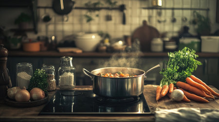 A cozy kitchen setting with a pot of stew simmering on the stove, surrounded by fresh ingredients like carrots, potatoes, and onions on the countertop.の素材