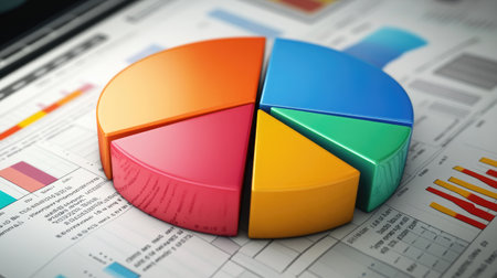 A colorful pie chart on a laptop screen, with a financial report in the background, symbolizing business analytics and data-driven decisions.の素材