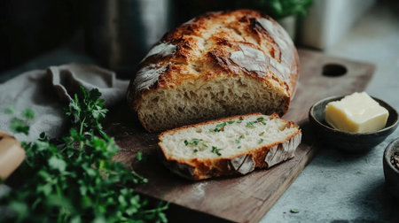 A detailed shot of a loaf of sourdough bread with a beautifully scored crust, served with a side of butter and fresh herbs on a rustic cutting board.の素材
