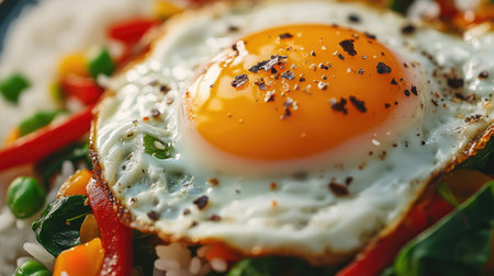 A close-up of Thai basil stir-fry with a perfectly cooked fried egg, showcasing the rich flavors and textures, with a side of rice and additional garnish.の素材