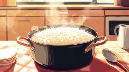 A cozy kitchen scene with a steaming pot of freshly cooked rice, with the lid slightly ajar and a serving spoon ready to dish out the rice.の素材
