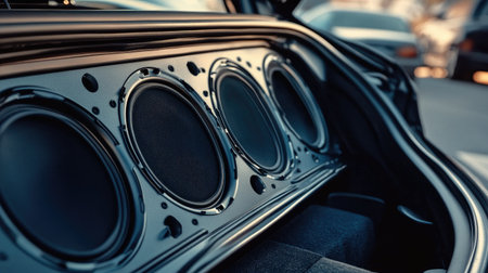 A detailed image of a subwoofer installed in the trunk of a car, with an emphasis on its size, design, and the sound system's power.の素材