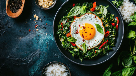 A detailed image of Thai basil stir-fry with a perfectly sunny-side-up egg, surrounded by aromatic herbs and served with a bowl of rice, shot from above.の素材
