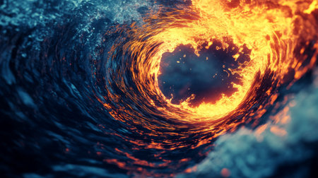 A captivating visual of a swirl where fiery lava meets turbulent water, creating a stunning natural phenomenon. The dynamic motion showcases energy and beauty.の素材