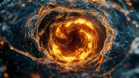 This mesmerizing image features a swirling vortex engulfed in bright flames, surrounded by dark textures. The dynamic energy creates a captivating effect, perfect for abstract designs.の素材