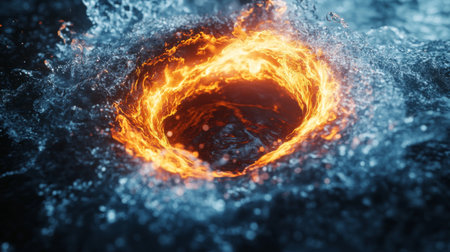 A captivating image of a fiery swirl engulfed in dark water, showcasing dynamic motion and vibrant energy. This abstract art piece evokes power and beauty.の素材
