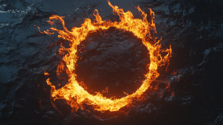 A striking visual of a flaming circle on a dark surface, capturing the intense energy and dramatic contrast. Perfect for themes of nature, fire, and abstract art.の素材
