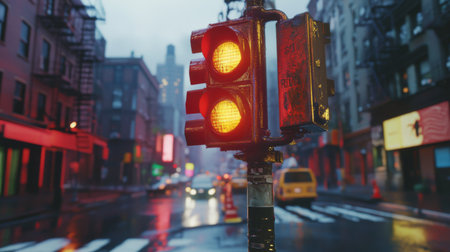 A traffic light stands firm, glowing red against a rainy urban backdrop, capturing the essence of a city evening. The wet pavement reflects the city lights, creating a vibrant atmosphere.の素材