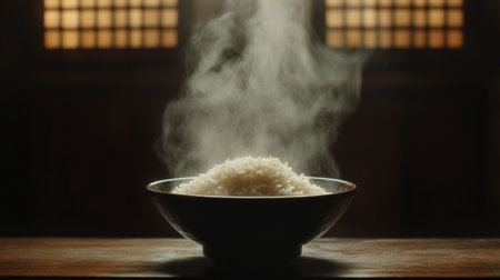 A steaming bowl of freshly cooked rice sits on a wooden table, emitting delicate wisps of steam. The warm ambiance and soft light create a cozy and inviting atmosphere.の素材