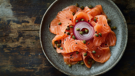 This image features a beautiful arrangement of fresh salmon slices, garnished with onions and capers, perfect for a gourmet dish or seafood recipe.の素材