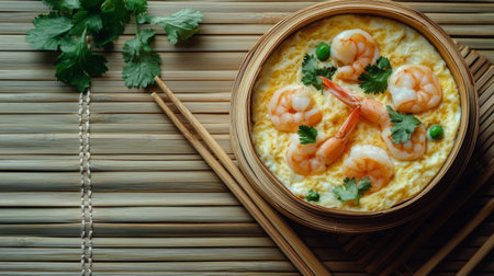 Enjoy a vibrant shrimp dish served in a bamboo bowl, garnished with fresh cilantro and tender peas. Perfect for a stylish meal experience.の素材