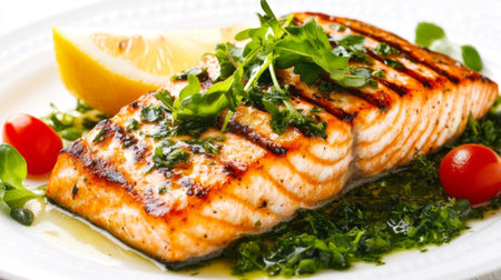 Enjoy a beautifully grilled salmon fillet garnished with fresh herbs and served with lemon wedges. This vibrant dish is perfect for a healthy meal.の素材