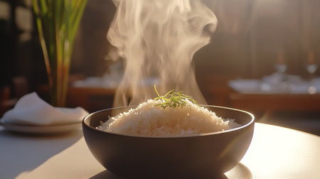 A steaming bowl of rice garnished with fresh herbs captures the essence of comfort food. Soft light enhances the inviting atmosphere, perfect for any meal.の素材