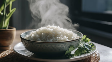 A steaming bowl of fresh white rice served with vibrant green herbs, creating an inviting and appetizing meal perfect for any dining occasion.の素材