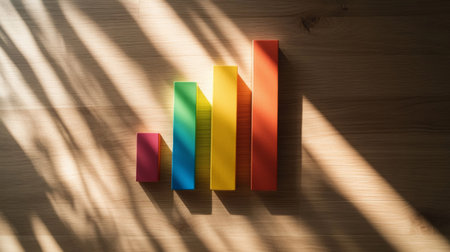 This image showcases a colorful bar graph symbolizing growth on a wooden surface. Soft shadows enhance the visual appeal for business and creative uses.の素材