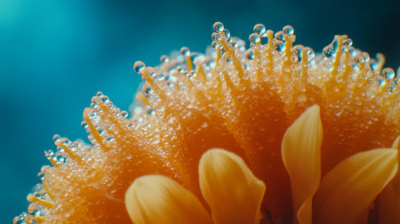 A striking close-up of a vibrant yellow flower showcasing intricate petals adorned with water droplets, highlighting the beauty of nature and its freshness.の素材