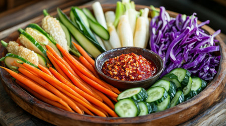 A beautifully arranged wooden platter featuring fresh organic vegetables like carrots, cucumbers, and cabbage, complemented by a rich dipping sauce, perfect for snacking.の素材