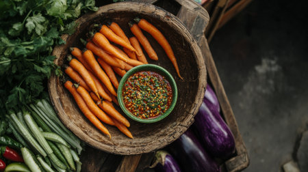 A rustic bowl filled with vibrant organic carrots and a spicy sauce, showcasing fresh ingredients. Perfect for culinary creations and healthy recipes.の素材