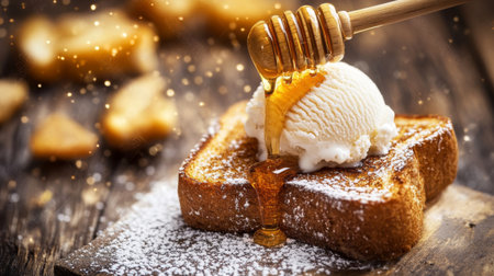 Enjoy a close-up view of a warm toast slice topped with creamy ice cream and golden honey. Ideal for dessert enthusiasts and food lovers.の素材