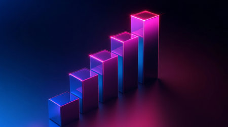 This modern abstract 3D chart features a neon glow in a dark background, symbolizing growth and progress. Ideal for business and technology themes.の素材