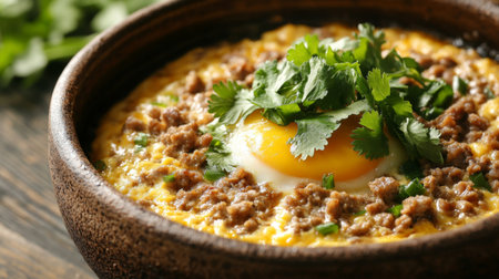 Enjoy a delicious savory dish featuring ground meat and a perfectly cooked egg, garnished with fresh herbs, making it a wholesome meal option.の素材